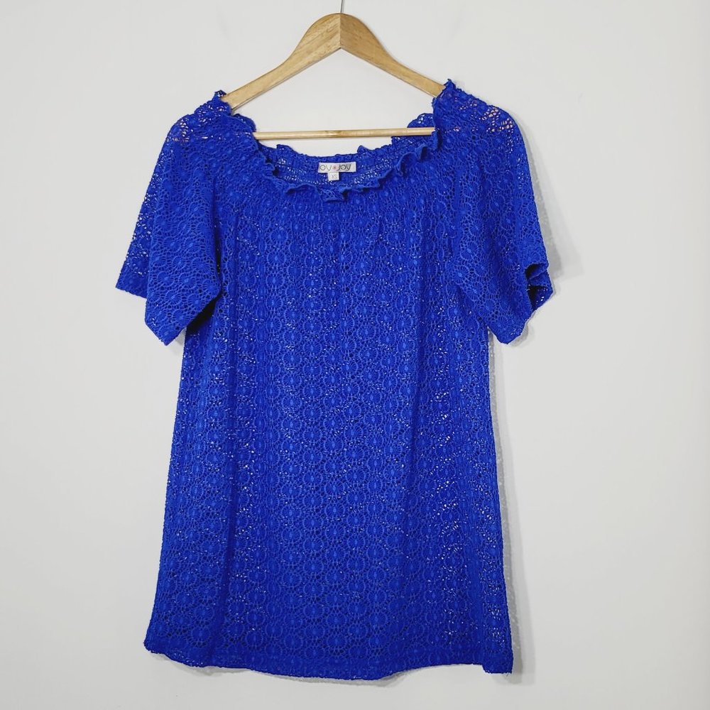 Joy Joy Sheer Lace Coquette Coverup Dress Short Sleeve Blue Ruffle Trim Elegant